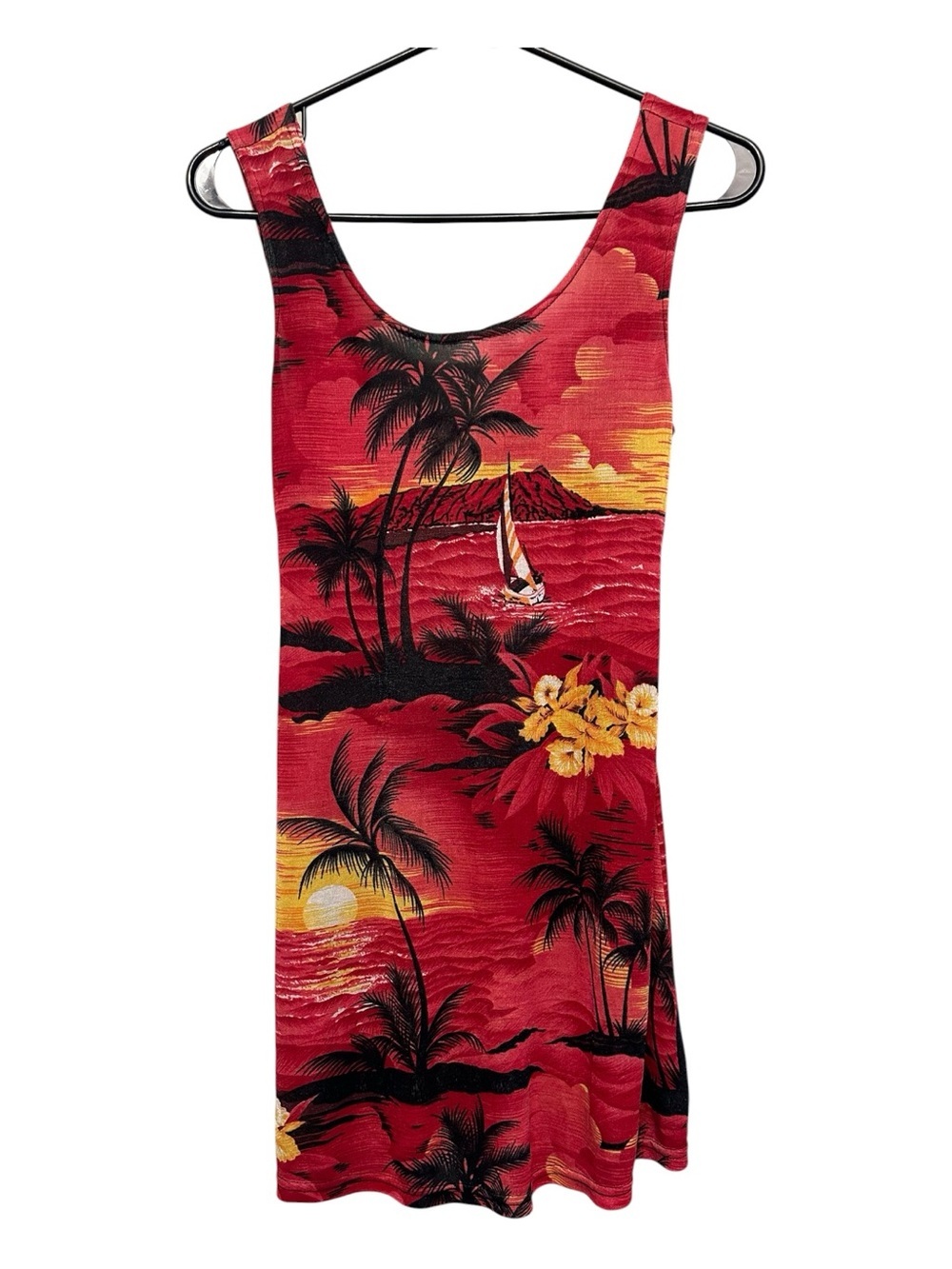 Vintage Y2K Era Red Tropical Print Mini Dress with Yellow Floral Accents Small